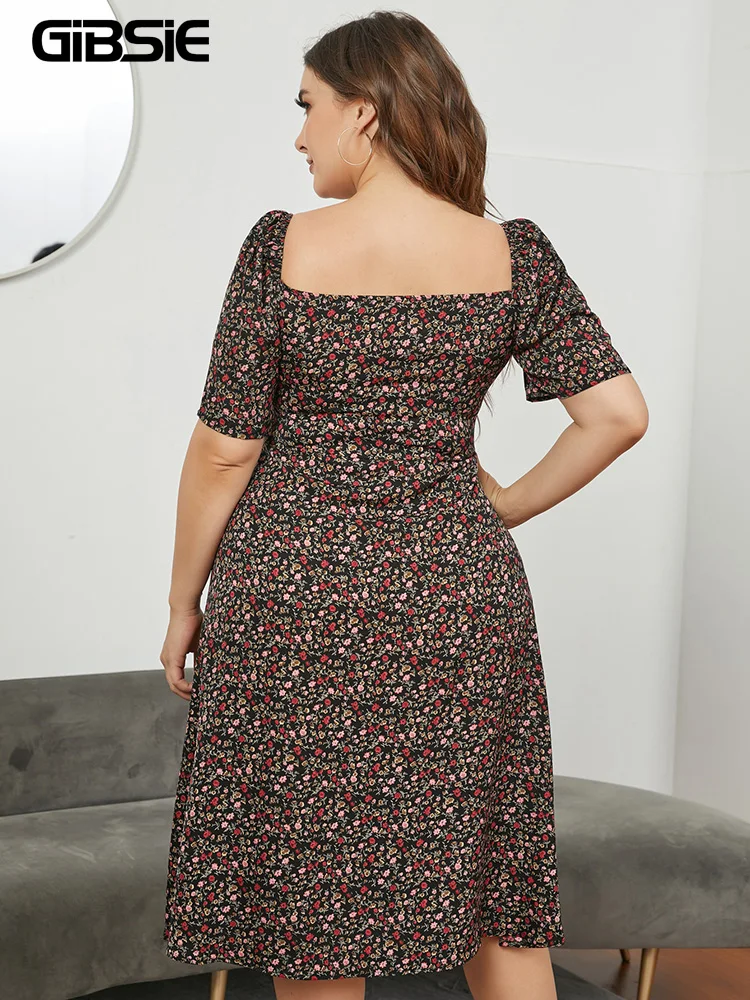 Gibsie Sweetheart Hals Ditsy Bloemen Bladerdeeg Mouw Jurk Plus Size 4xl 5xl Vrouwen Casual Zomer Hoge Taille A-lijn Split Midi jurken