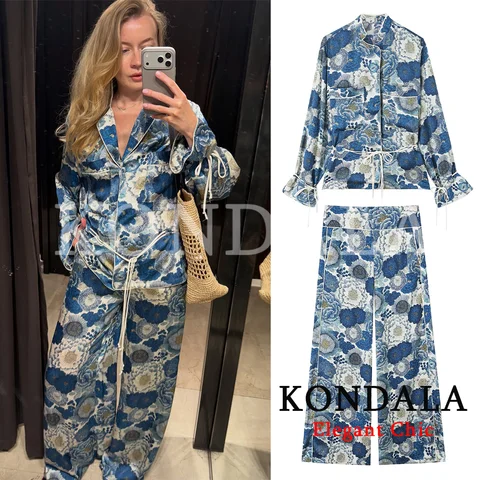 KONDALA Women Vintage Chic Printed Pants Set Elegant Lace-up Buttons Shirts, Long Pants 2026 Spring Summer Trendy Holiday Set