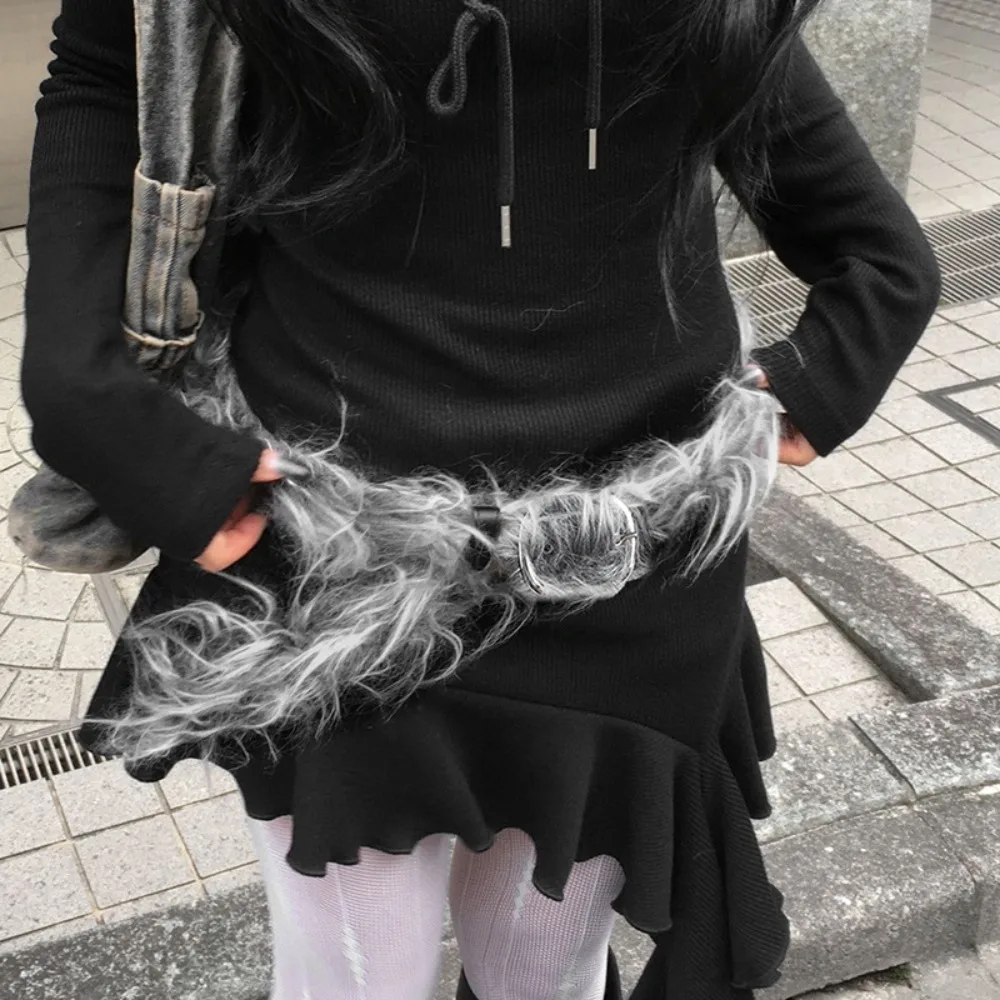 

Retro Vintage Gray Longhair Belt Y2K Hip-hop Faux Fur Leather Belt Jeans Decor Chic Furry Waistband Waist Accessories