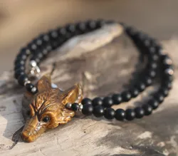 Wolf spirit protection necklace Tiger Eye & Black Onyx Kambaba Jasper necklace