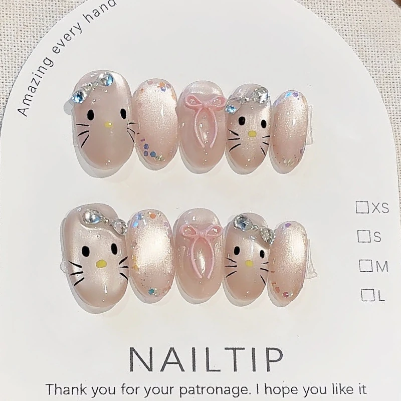 

10Pcs Sweet Cat Eye Handmade Fake Nails Cute Cat Patterns Bow Design French Press on Nails Full Cover Wearable False Nail Tip