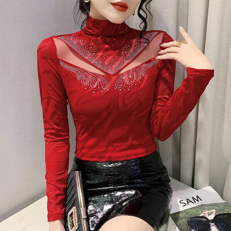 Autumn Winter New Mesh T shirt Fashion V-Neck Diamond Shirt Slim Fit Half High Collar Long Sleeve Women Tops
