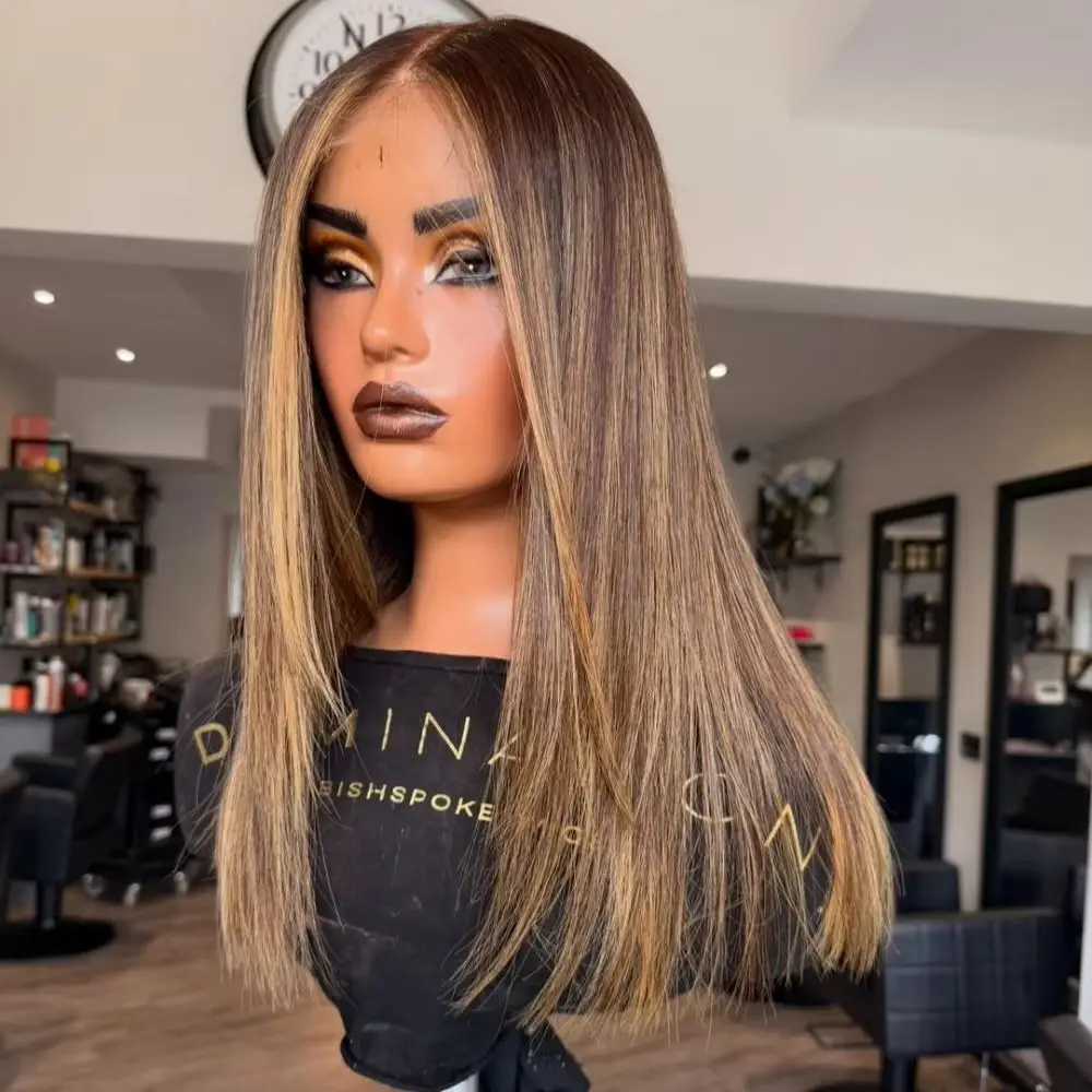 Brunette Hair Straight Wig Synthetic Lace Front Wigs For Women Layered Hair Blonde Highlights Wig for Women Cosplay Party Wigs