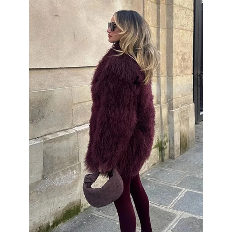 2024 Winter New Burgundy Fluffy Fur Coat Women Oversize Long Sleeve Faux Fur Plush Jackets Female Commute Street Outwear