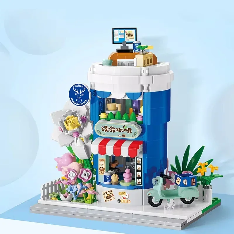 Cute Mini Store Building Blocks Coffee/Lemonade/Rose Shop Model Assembly Education Toys for Kids Girls Holiday Birthday Gifts