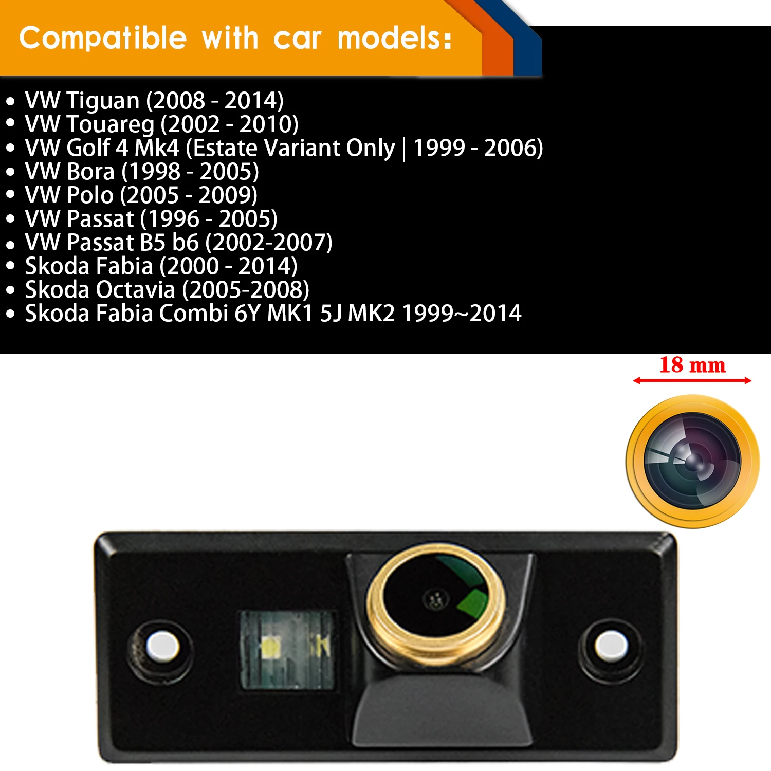 HD 1280*720p Rear View Golden Camera for Skoda Fabia Golf 4 Mk4 Bora Passat B5 MK5 Touareg Tiguan Polo,Night Vison Backup Camera