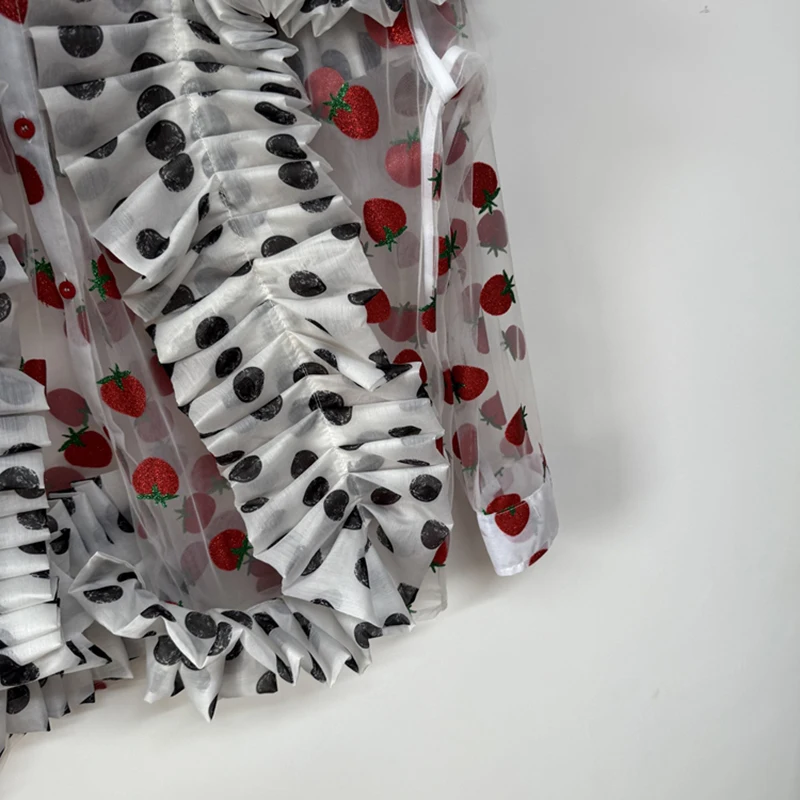 PFHQ Men Shirts Sheer Strawberry Print Mesh Polka Dot Ruffle Patchwork Design Single-breasted Long Sleeve Male Shirt 21E6885