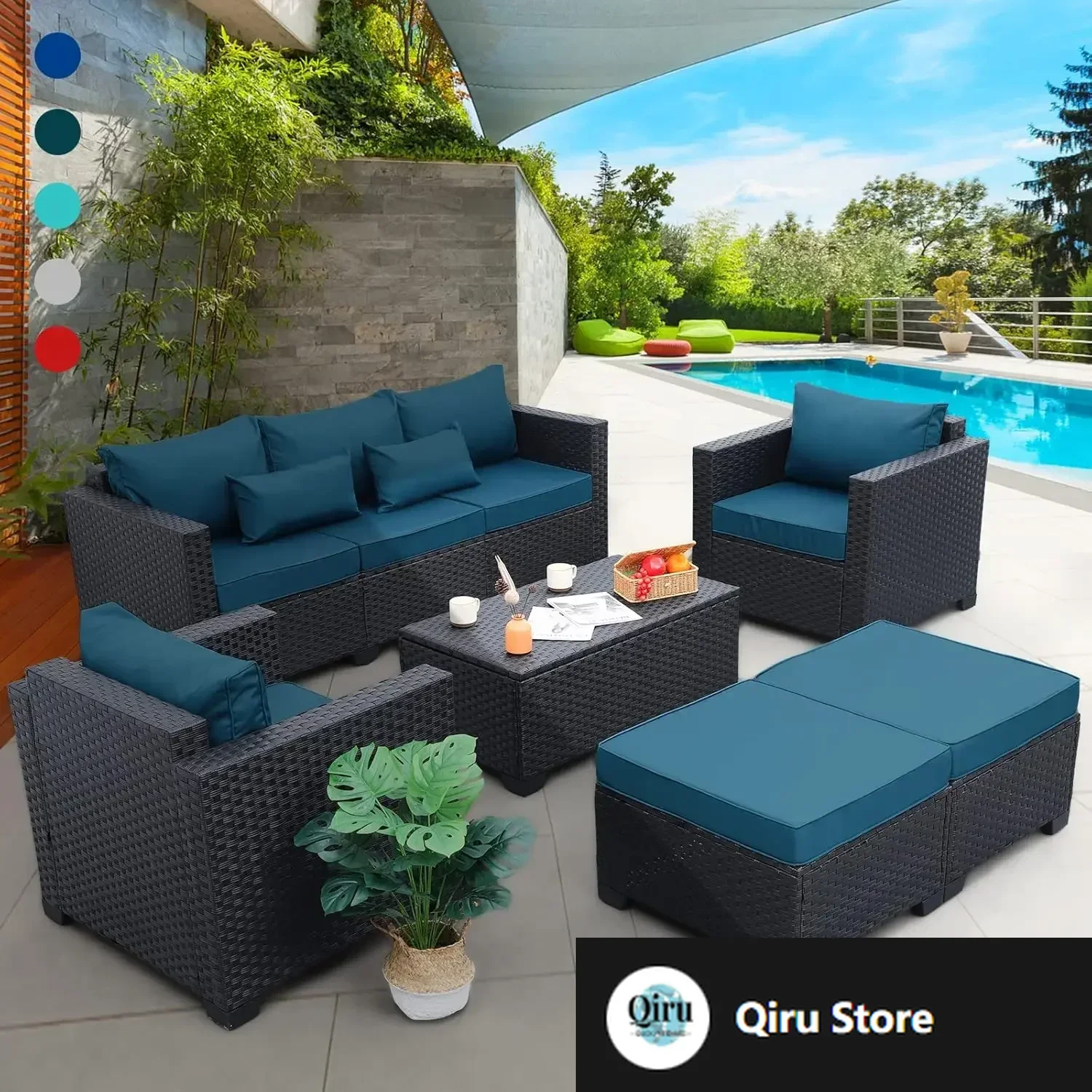 

Patio Furniture Set 6 Pieces Couch Outdoor Chairs Coffee Table Peacock Blue Anti-Slip Cushions and Waterproof Covers