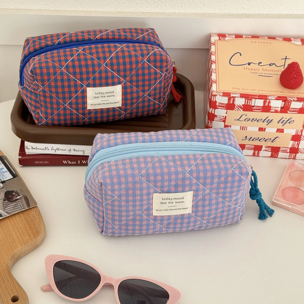 Color-Blocked Checkered Cosmetic Bag Travel Portable Toiletry Organizer Large-Capacity Cotton Makeup Tool Travel Organizer