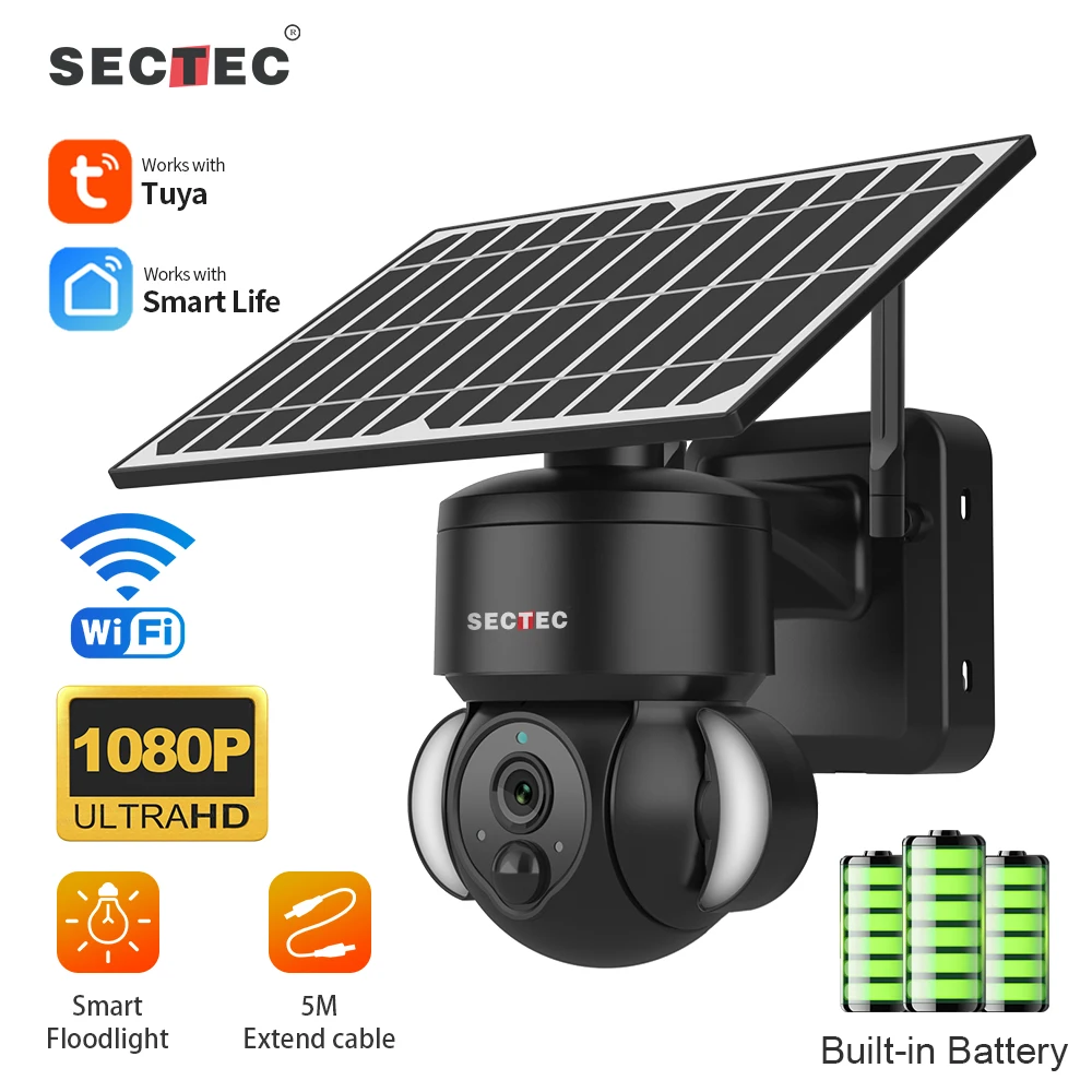 SECTEC Floodlight Battery PTZ Outdoor WIFI Solar Camera Security Surveillance Camera Pipe Night Vision