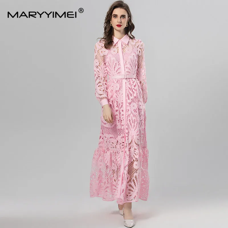 

MARYYIMEI Summer Women's Dress Lace Turn-Down Collar Long-Sleeved Single Breasted Lace-Up Hollow Out Mixi Dresses