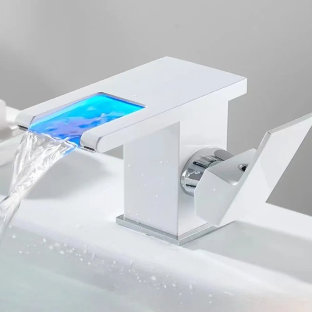 

Creative Waterfall Basin Mixer LED Light Feature Black Body Temperature Adjustable Tap for Indoor Bathroom Sink Daily Use