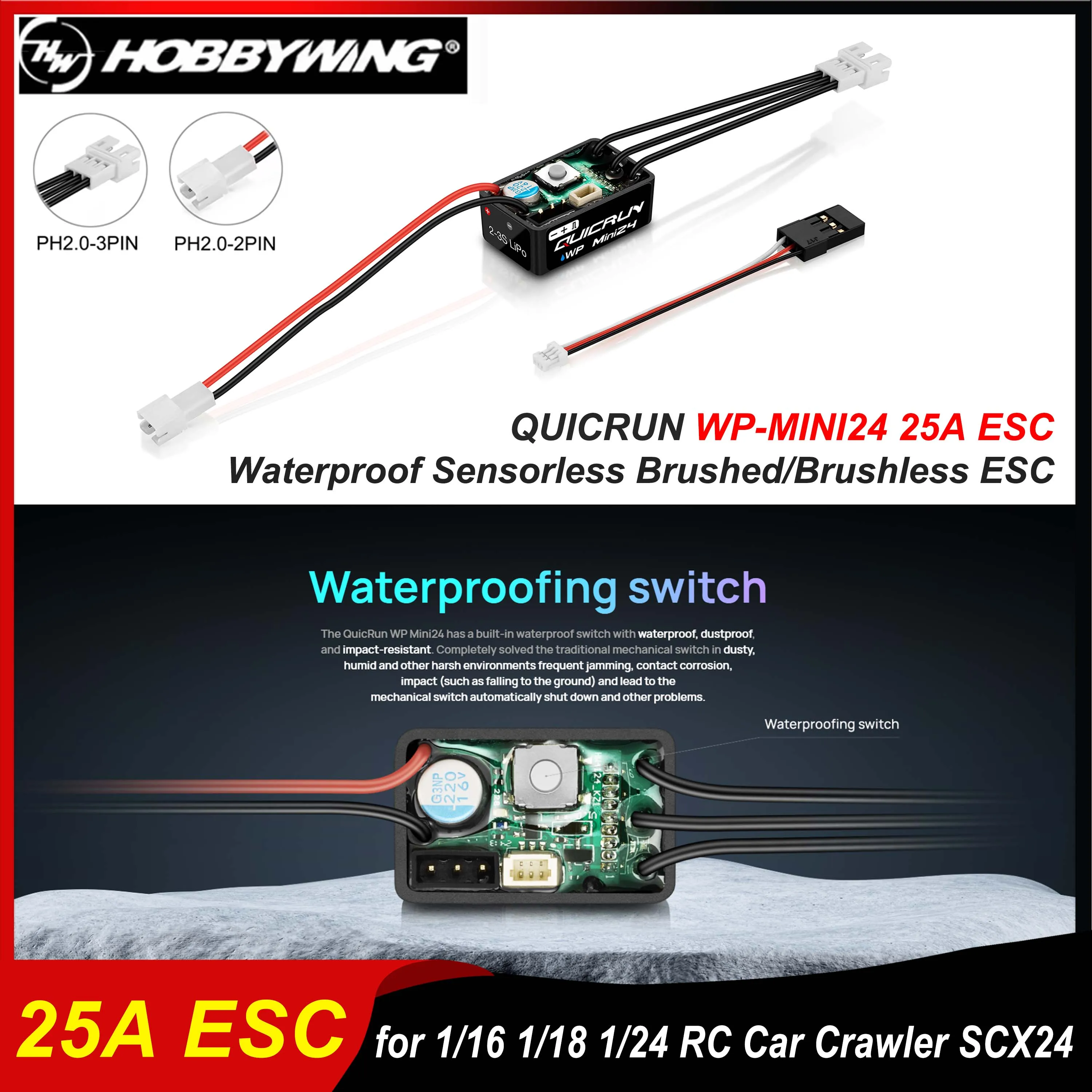 Hobbywing QUICRUN WP Mini 24 25A ESC Waterproof Sensorless Brushed/Brushless Speed Controller for 1/16 1/18 1/24 RC Car Crawler