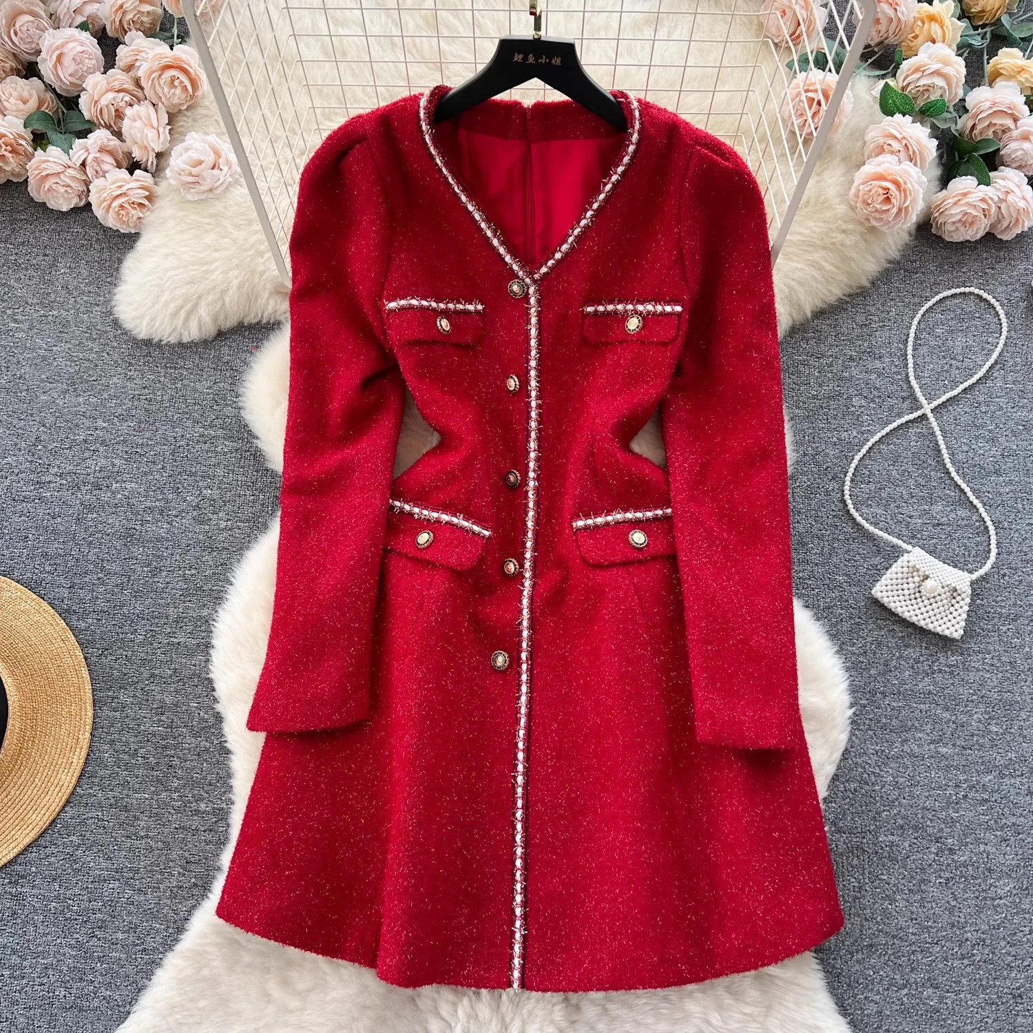 

Luxury Fahion Elegant Women Autumn Winter Tweed Tassel Wool V Neck Long Sleeve Korean Style Evening Party Mini Dresses