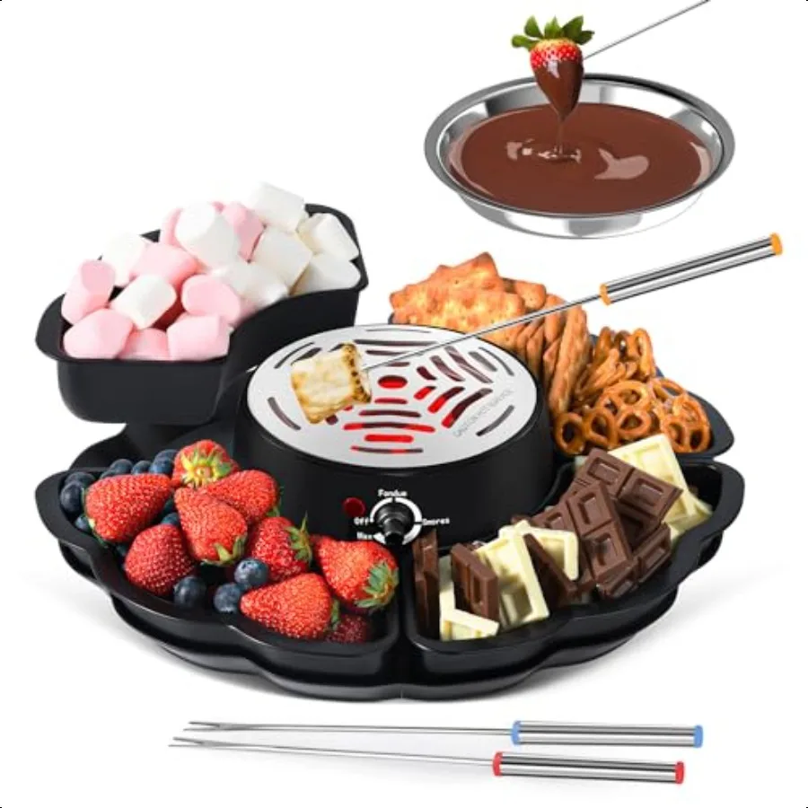 

2 in 1 Electric Smores Maker Fondue Pot Tabletop Indoor Smores kit with 4 Roasting Forks 4 Detachable Trays 1 Flamel Temperatur