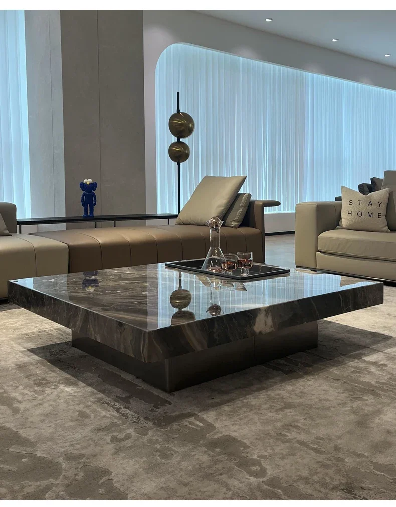 Italian minimalist light luxury Venice brown marble villa high-end rock slab square suspended coffee table