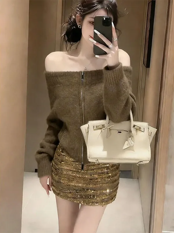 

Ретро-комплект: юбка с пайетками и топ с завышенной талией для женщин, модный облегающий ансамбль для ранней весны, чистый и элегантный стиль