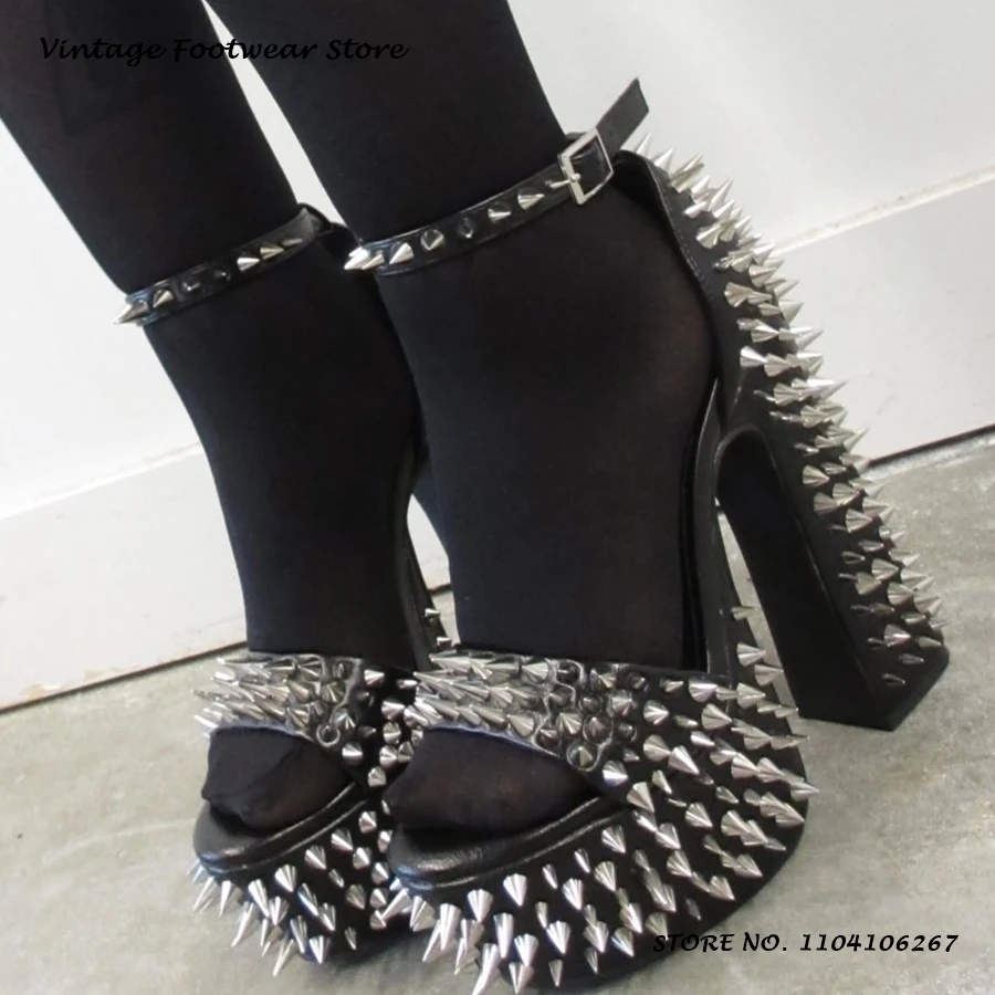 Punk Style Full Spike Platform Sandals Round Open Toe Chunky Heel Cosplay Party Shoes Women's Fashion Buckle Strap High Heels