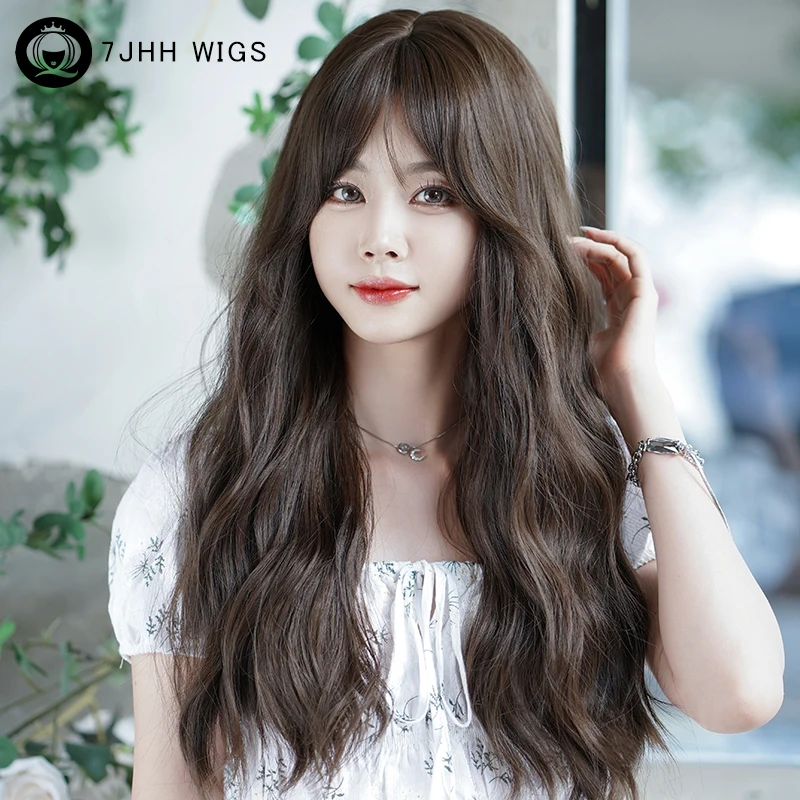 7JHH WIGS Cool Brown Wig Synthetic Body Wavy Brown Ash Wig for Women Layered Curly Wigs with Curtain Bangs Beginner Friendly