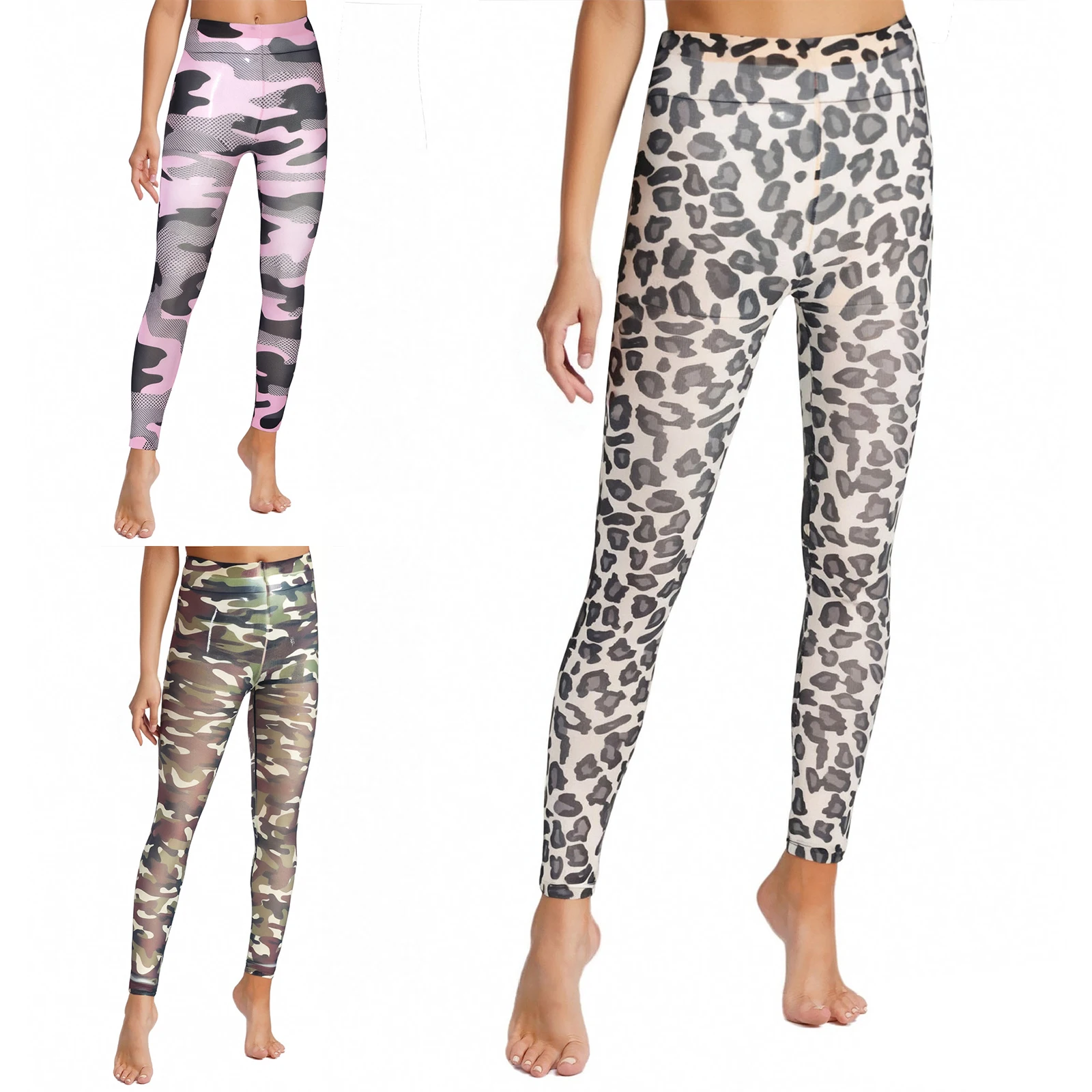 إمرأة ليوبارد طباعة عالية الخصر طماق بقماش شفاف مطاطا حزام بناطيل ضيقة مهرجان الموسيقى الهذيان ملابس الحفلات قيعان