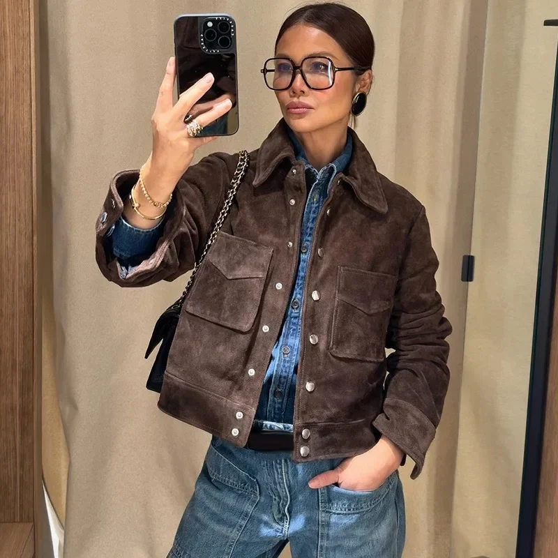 

Retro Brown Suede Women Jackets Lapel Long Sleeve Single Breasted Female Short Coat 2025 Spring Street Fashion Lady Outerwears
