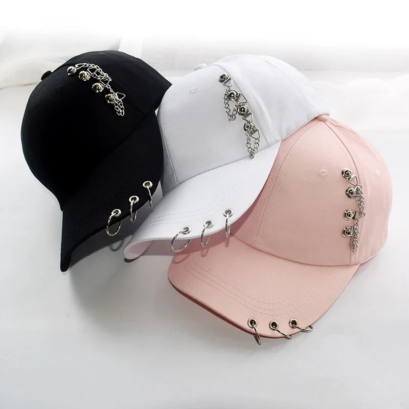 Hat Women's Korean Style Personalized Chain Iron Ring Peaked Hat Student Travel Baseball Cap Versatile Spring and Summer Sun Hat