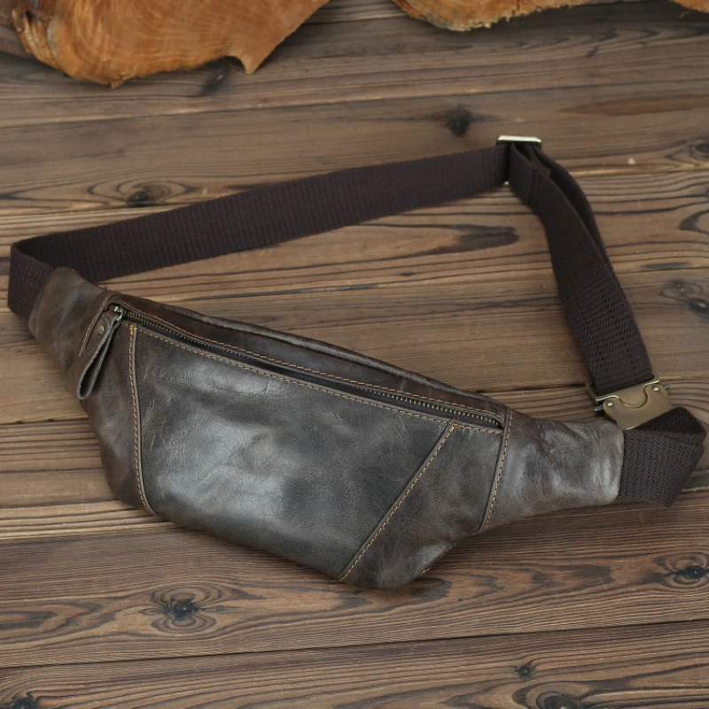 Bolsa de cintura de couro genuíno vintage para homens, pequeno Fanny Pack, cinto de banana, bolsa casual para celular