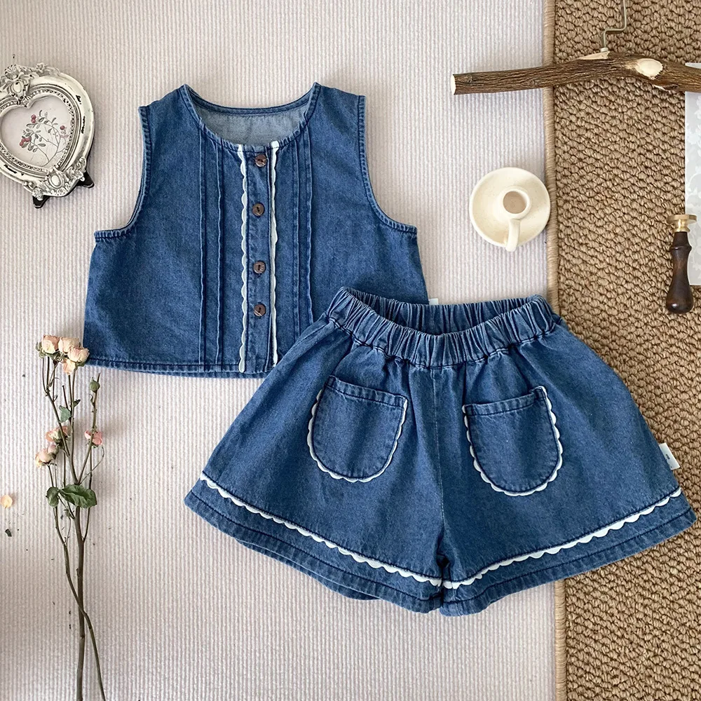 Summer Children's 2 Sets Denim Sleeveless Blouse Girls Casual Toddler Lace T-Shirt Shorts Cotton Outfits Children's Clothing