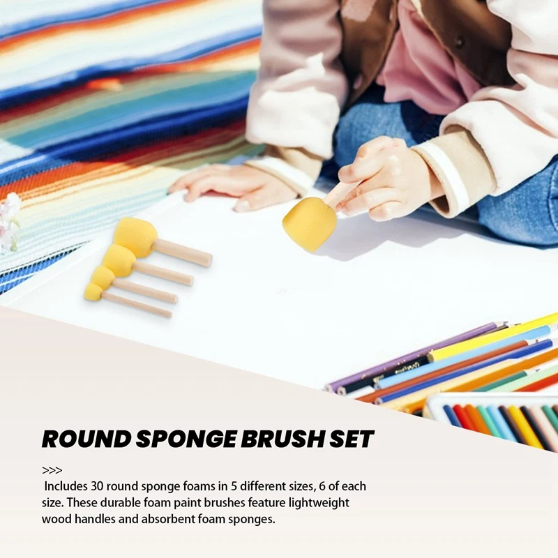 Pack Of 30 Round Foam Sponge Paint Brush Set - Stencil Brush Value Pack - 5 Different Sizes - Great For Kids Arts And Crafts, St