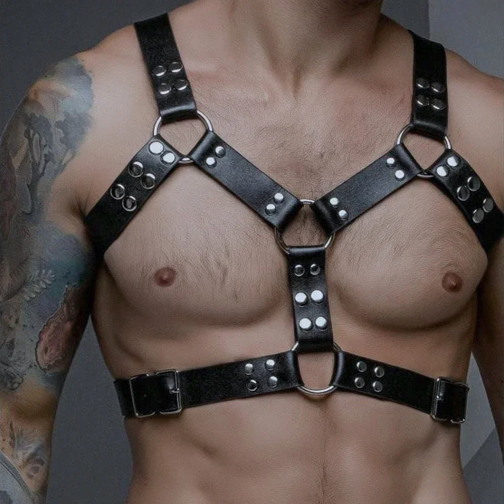 Arnés de pecho de cuero para hombres, fetiche Gay, ajustable, cuerpo Sexual, jaula de Bondage, cinturones, fetish arnes cuero