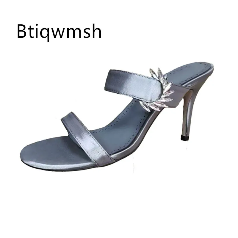 

Новейшие женские босоножки со стразами, розовые бродяги с открытым носком, роскошные атласные женские пикантные тапочки на высоком каблуке Muller