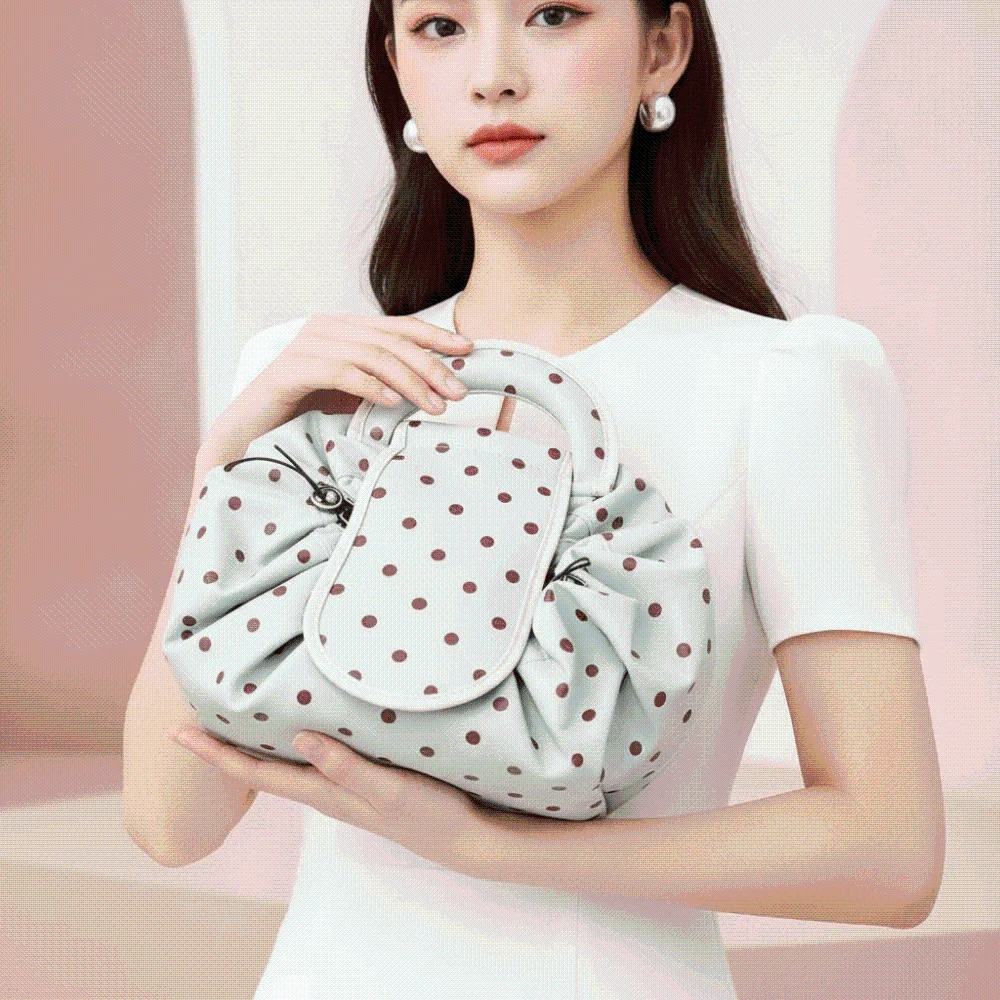 Waterproof Drawstring Makeup Pouch Foldable Portable Polka Dot Cosmetic Bag Washable Spacious Lazy Travel Organizer Dorm