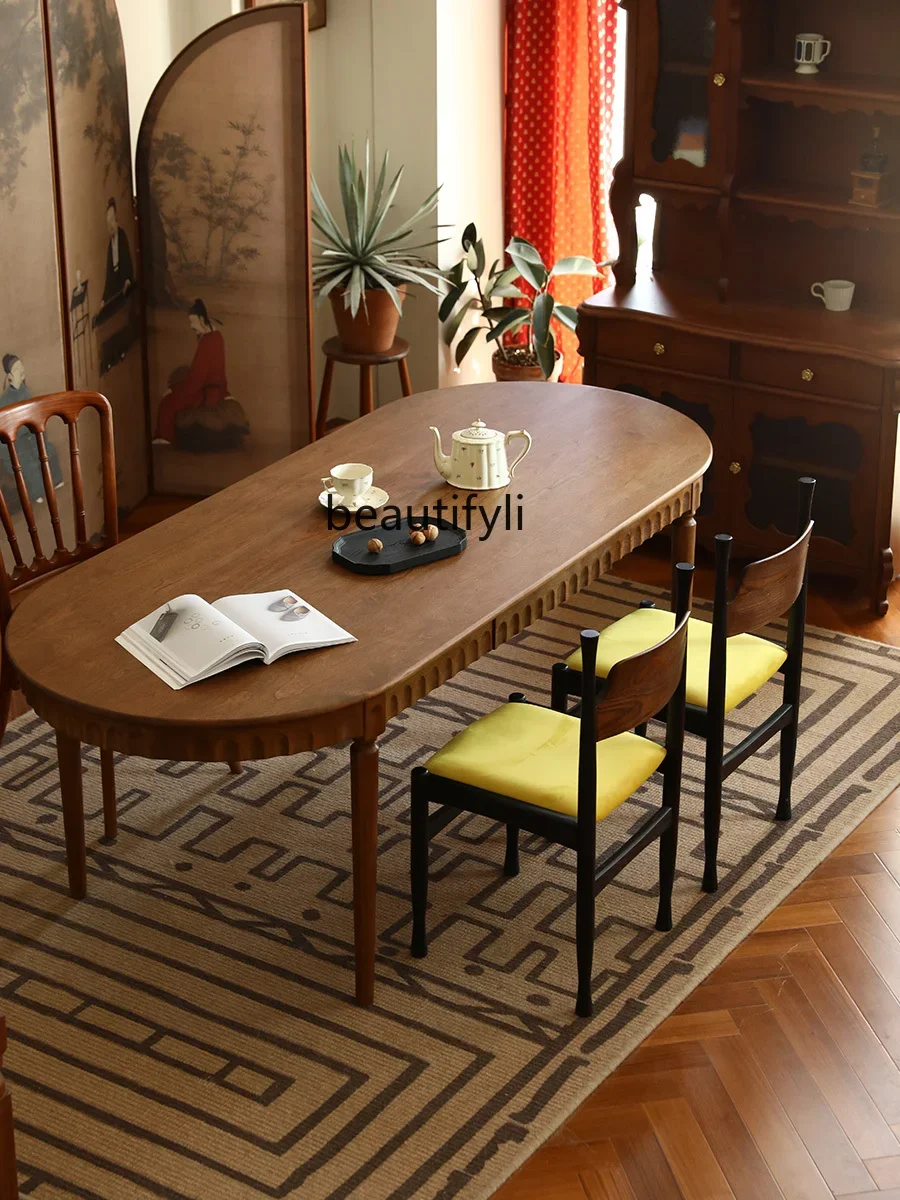

A16 Retro French Solid Wood Stone Plate Ellipse Dining Table Cherrywood Dining Table Writing Desk