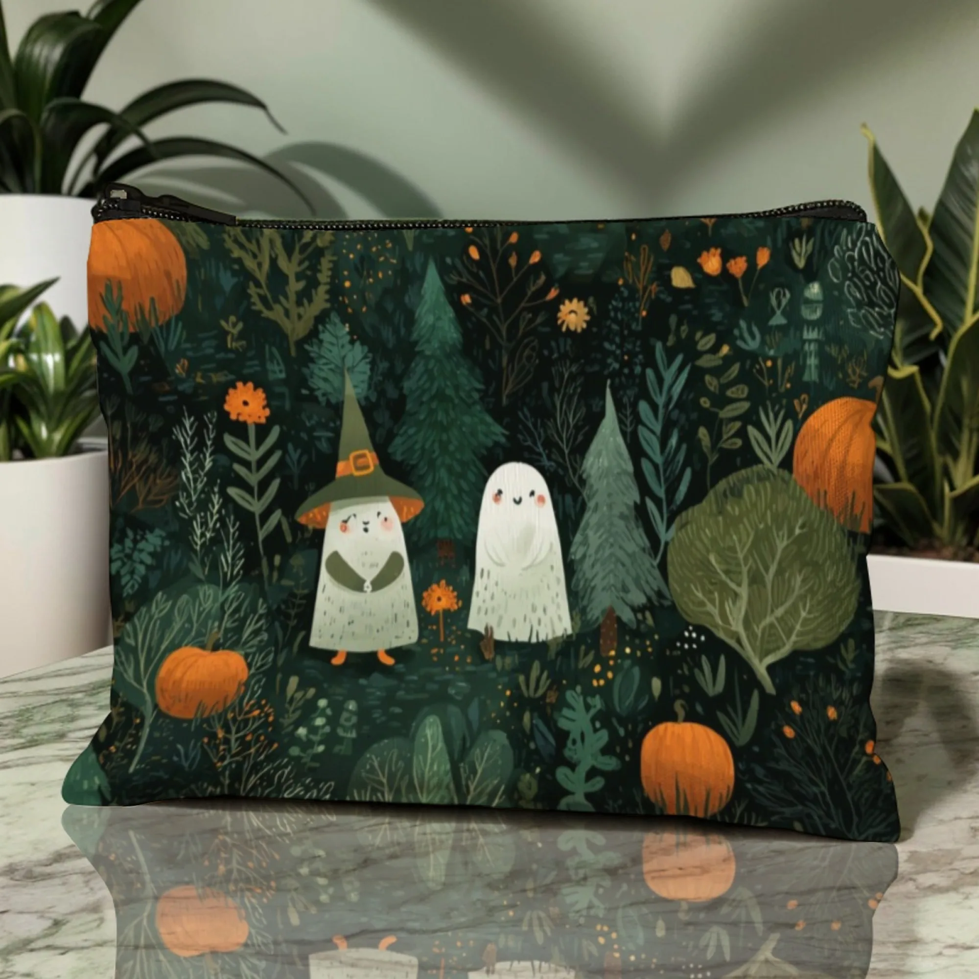 Sweet Cute Cartoon Halloween Makeup Pouch Enchanting Ghost Pair with Pumpkin Accents Durable for Daily Use or Festival Gift