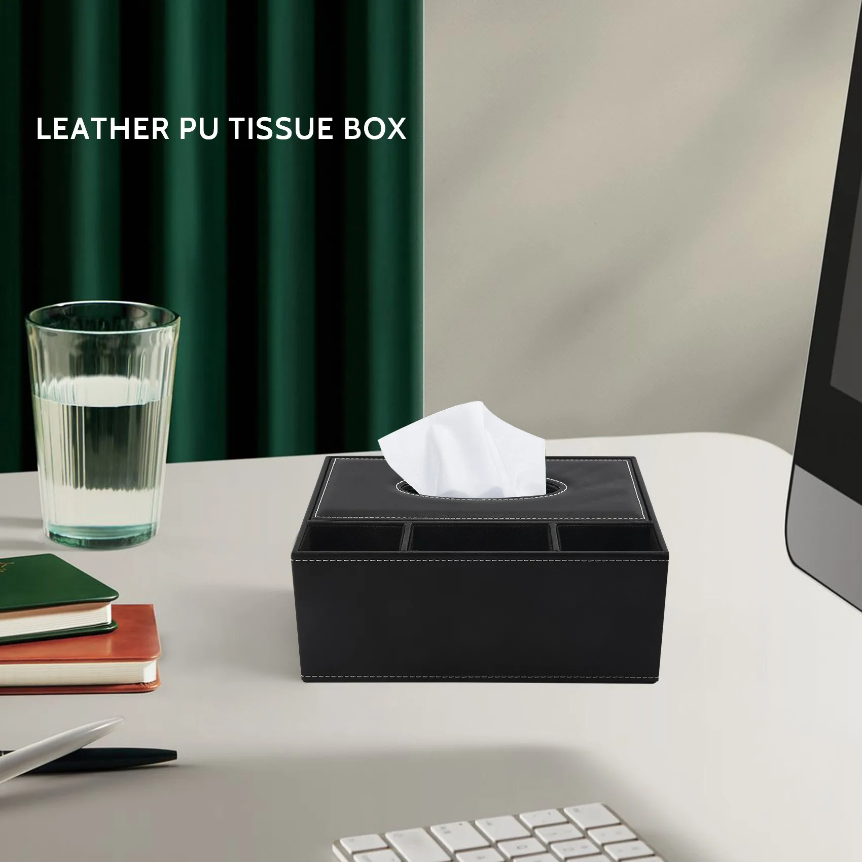 A51M-PU Tissue Box Remote Control Holder Multifunctional Desktop Organizer Pencil Scissor Container (Black)