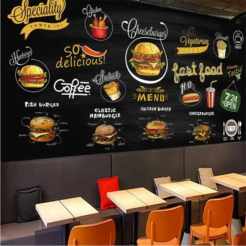 Custom Mural Wallpaper 3D Hand-painted Blackboard Western Restaurant Pizza Hamburger Fast Food Shop Background Wall Paper 3D