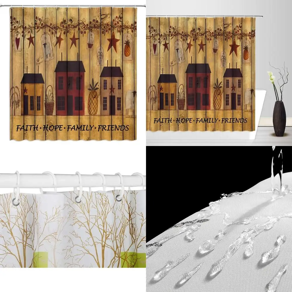 

vintage country shower curtain with rustic wooden door and barn star accents