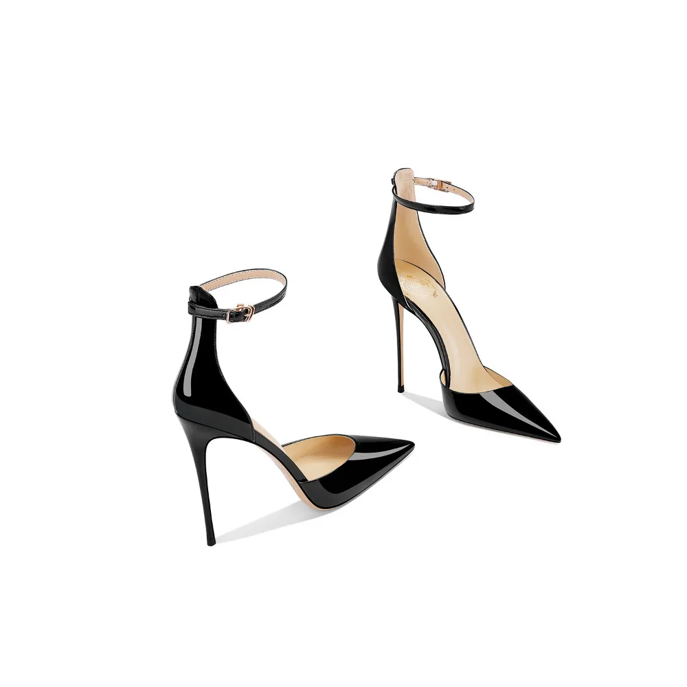 Spring New Women Black Pointed Toe Stiletto Heels Closed Toe Cutout Patent Leather Fashion High Heel Sandals