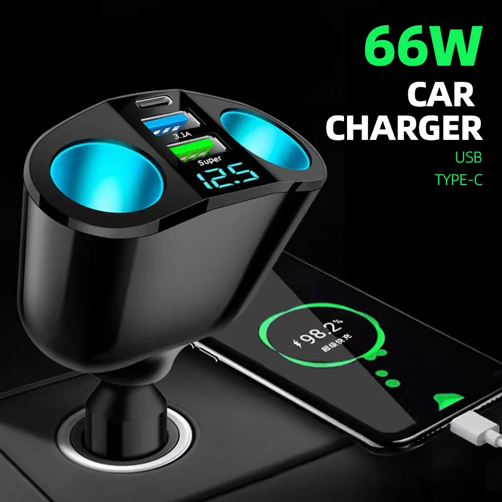 Dual USB Type-C Car Charging Digital Display QC3.0 Fast Charging Multi-function Cigarette Lighter Expansion Car Charger