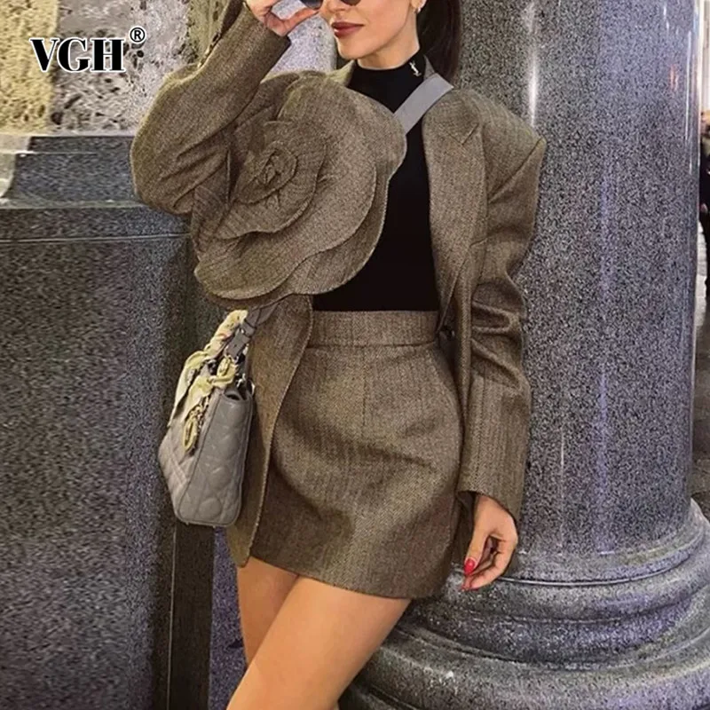 VGH Solid Two Piece Set For Women Notched Collar Long Sleeve Spliced Appliques Balzer High Waist Mini Skirts Elegant Sets Female