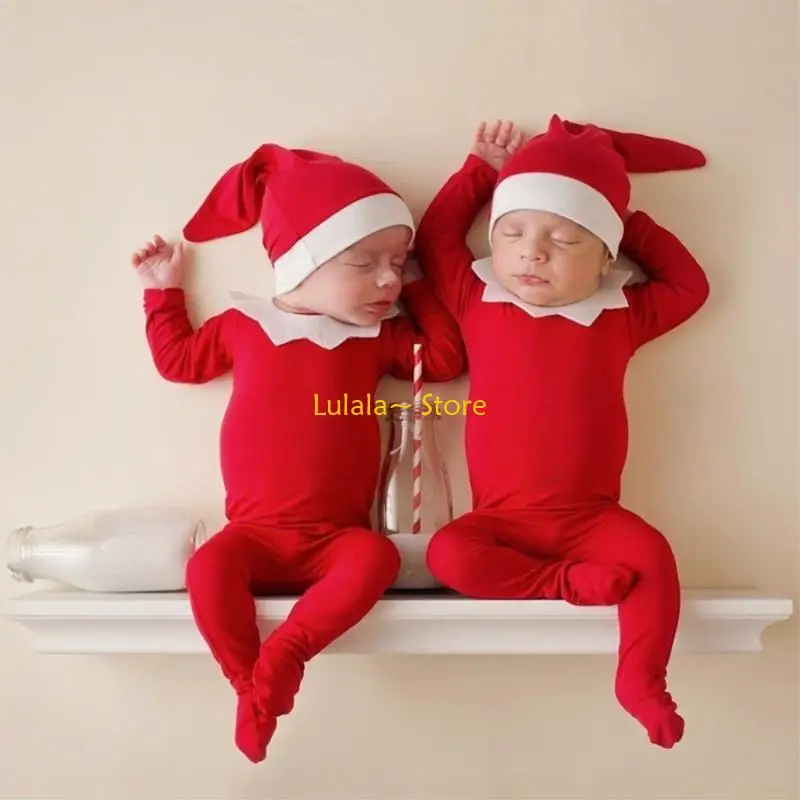 Y4QA 1 Set Newborn Photography Props Clothing Red Baby Romper with Collar Long Tail Hat Set Bodysuit Cap for Infants