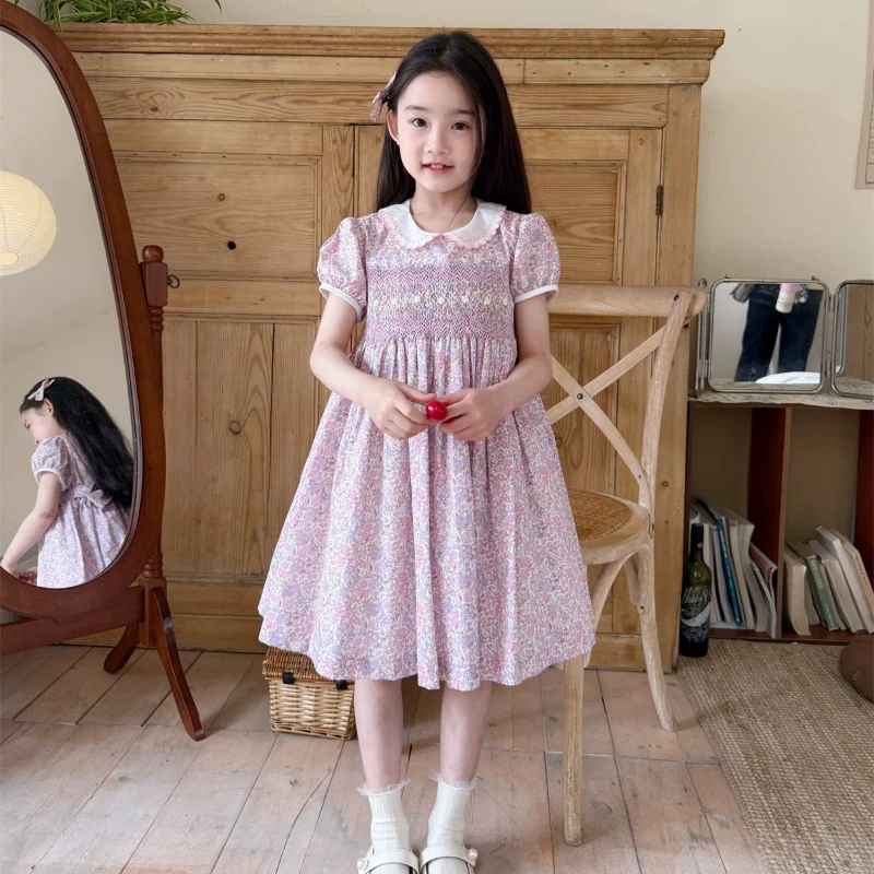 

Smocked Embroidery Dress Children Vintage Pink Purple Floral Hand Smocking Dresses Girls Short Sleeve Kids Casual Pageant Outfit