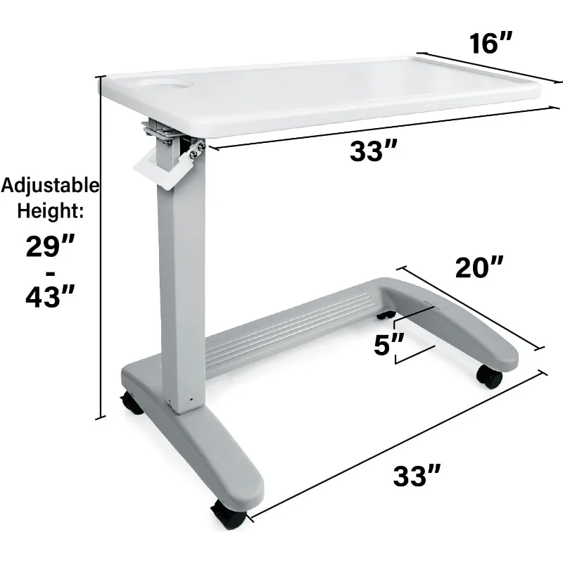 Vaunn FSA/HSA Eligible, Medical Adjustable Overbed Bedside Table with Wheels (Hospital and Home Use), New Tabletop, Light Gray