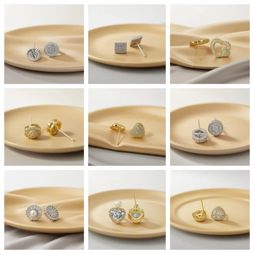 Minimalist Shiny Rivet Earrings. Elegant Heart-Shaped Geometric-Shaped Zirconia Adornments, Perfect for Office and Party Wear.