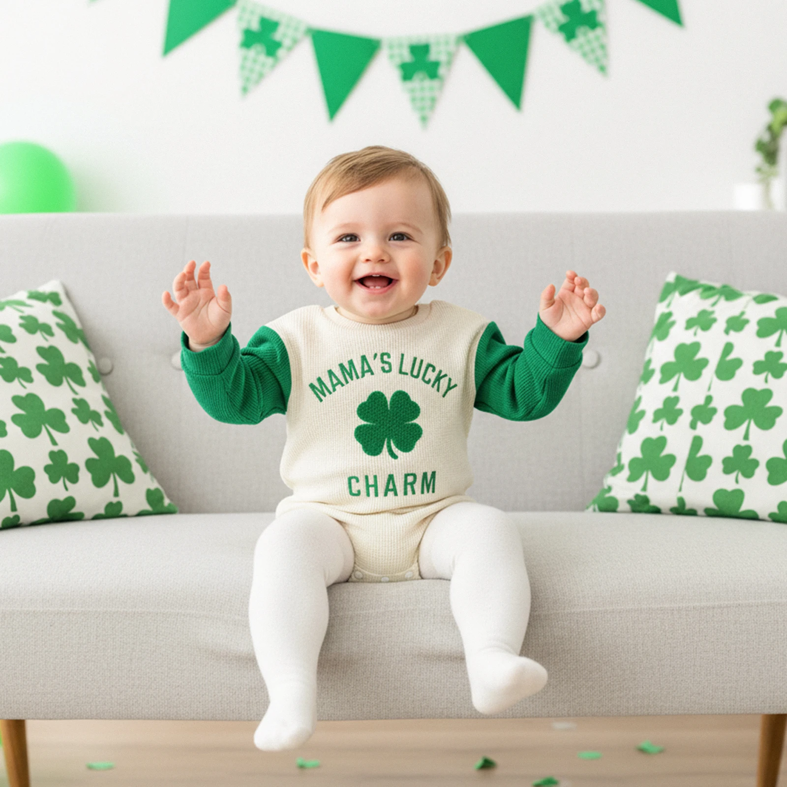 Infant Baby Girl Boy Waffle Rompers Long Sleeve Crew Neck Lucky Letters Shamrock Print Bodysuits Cute Spring Jumpsuit