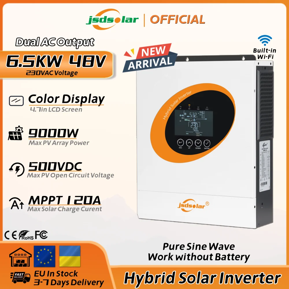 Nuovo arrivo jsdsolar 6.5KW inverter solare ibrido 48V a 230V Ingresso fotovoltaico 9000W Display a colori Wifi integrato 120A MPPT Doppia uscita CA