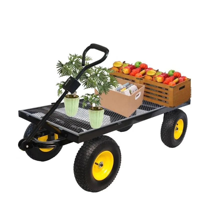 Oversized Steel Dump Garden Carts Heavy Duty Pullable Utility Garden Wagon Carts With Removable Sides and 10 Inch Wheels