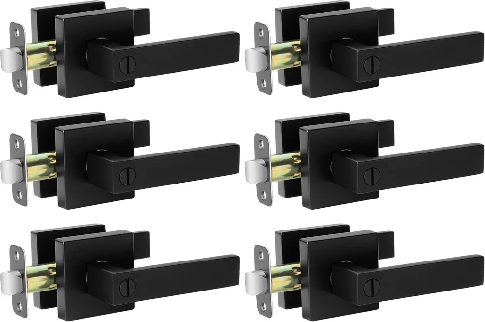 

Matte Black Door Handle Interior Knob Keyless Levers Set (6 Pack), Heavy Duty Privacy Lock for Bedroom or Bathroom