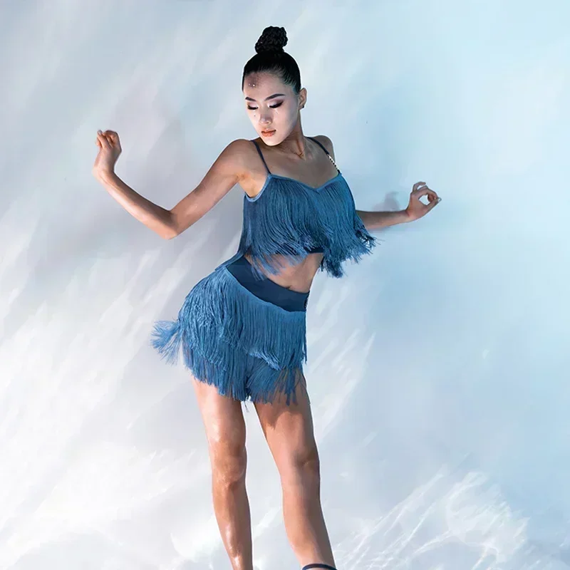 

Suit Female Sling Tops Salsa Stage Costumes Latin Dance Skirt Professional Rumba Practice Clothing Samba Training Tassel