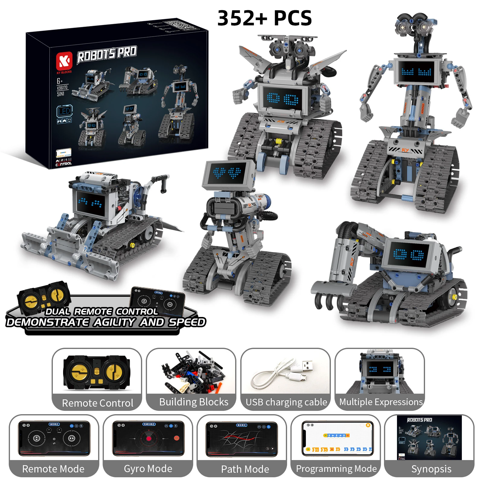 5 in 1 Stad Technische Afstandsbediening Vervormde Robot Bouwstenen Programmeerbare APP RC Voertuig Graafmachine Bulldozer Bakstenen Speelgoed